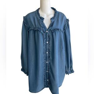 Stella & Ginger Long Sleeved Denim Ruffle Top Blouse Lightweight Woman's 3X NWT
